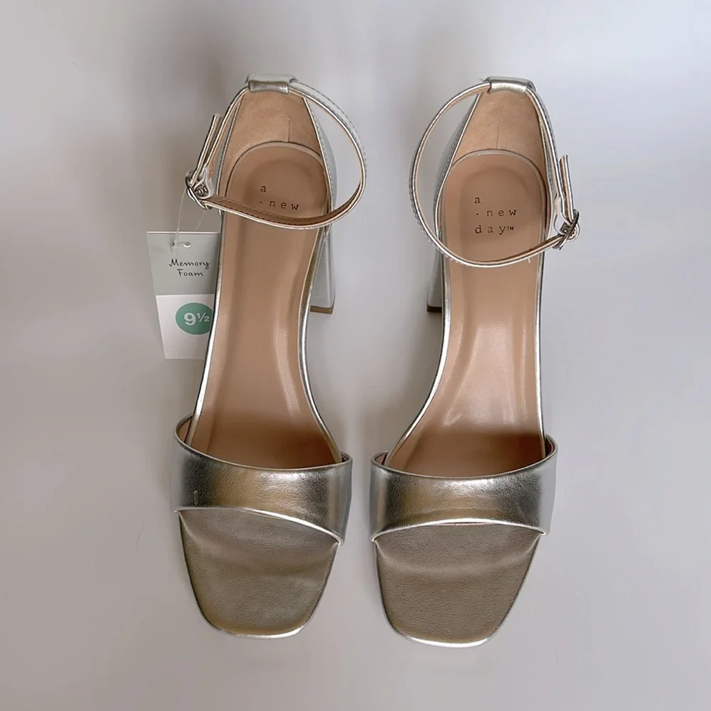 A New Day Shelly Metallic Silver Ankle Strap Heels